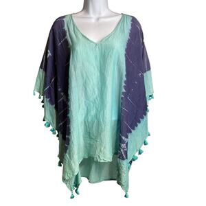 Vix Paula‎ Hermanny Women's Teal Tie Dye Silk Poncho Top Size S Resort Cover Up